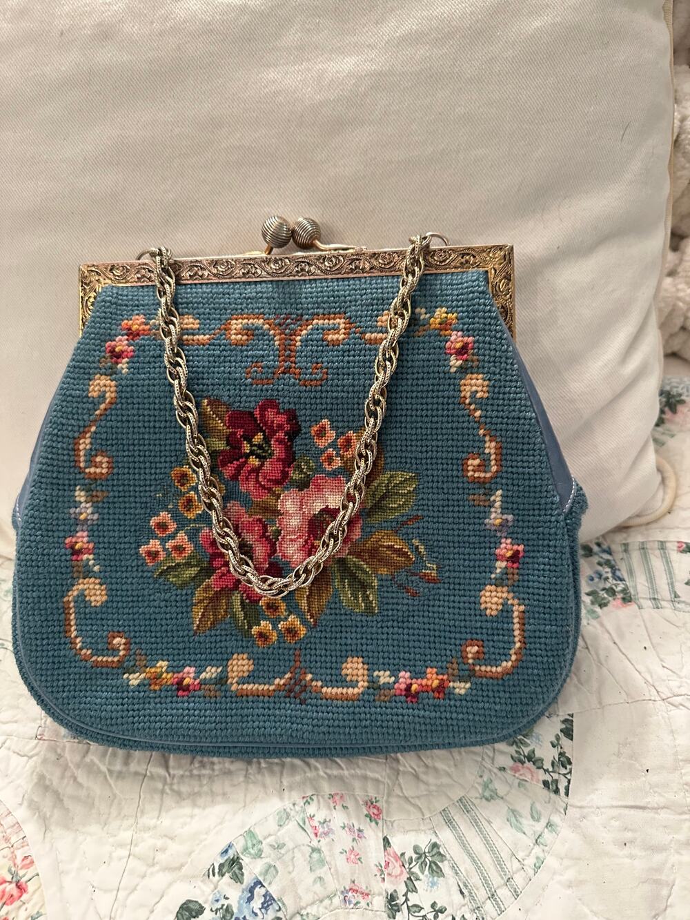 VINTAGE SIXTIES BLUE NEEDLEPOINT BAG W/ CHAIN HANDLE